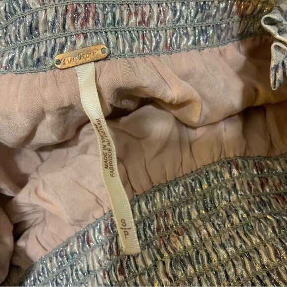 FREE PEOPLE Metallic Shiny Silver & Lavender Combo Floral Bubble Mini Skirt - Picture 9 of 12